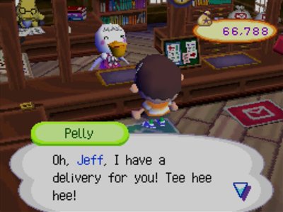 Pelly: Oh, Jeff, I have a delivery for you! Tee hee hee!