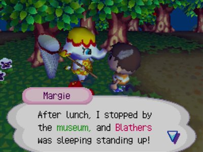 Margie: After lunch, I stopped by the museum, and Blathers was sleeping standing up!