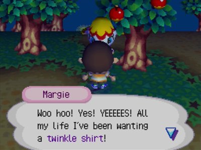 Margie: Woo hoo! Yes! YEEEEES! All my life I've been wanting a twinkle shirt!