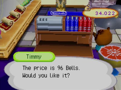 Timmy, talking about a Nintendo bench: The price is 96 bells. Would you like it?