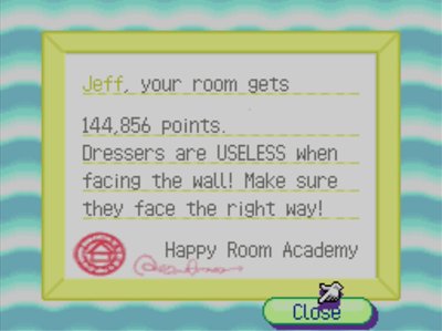 Jeff, your room gets 144,856 points. Dressers are USELESS when facing the wall! Make sure they face the right way! -Happy Room Academy