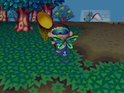 Holding up a birdwing butterfly I caught in Animal Crossing: Wild World (ACWW).