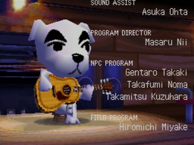 K.K. Slider plays the guitar at The Roost in ACWW.