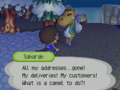 Saharah: All my addresses...gone! My deliveries! My customers! What is a camel to do?!