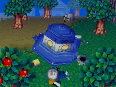 Gulliver lying unconscious on the ground in front of his UFO.