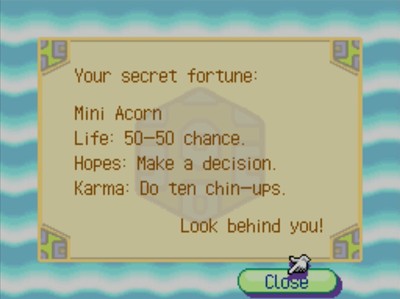 Your secret fortune: Mini Acorn. Life: 50-50 chance. Hopes: Make a decision. Karma: Do ten chin-ups. Look behind you!