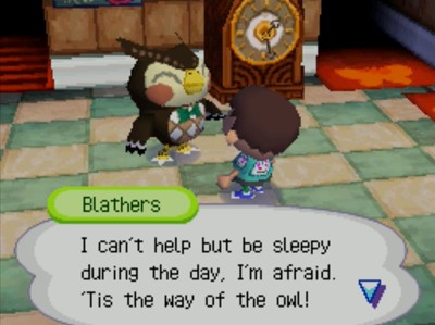 Blathers: I can't help but be sleepy during the day, I'm afraid. 'Tis the way of the owl!