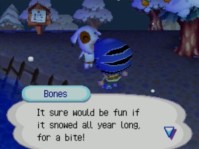 Bones: It sure would be fun if it snowed all year long, for a bite!