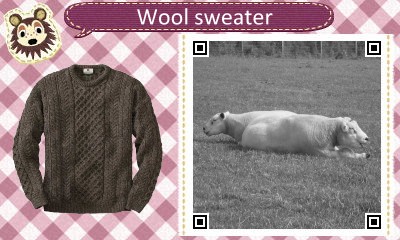 A fake QR code for a wool sweater, featuring a two-headed sheep (which is also fake--it's just two sheep facing opposite directions).