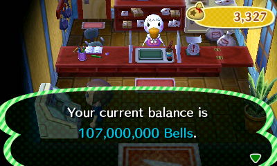 Your current balance is 107,000,000 bells.