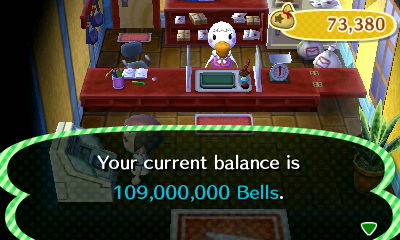 Your current balance is 109,000,000 bells.