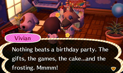 Vivian: Nothing beats a birthday party. The gifts, the games, the cake...and the frosting. Mmmm!