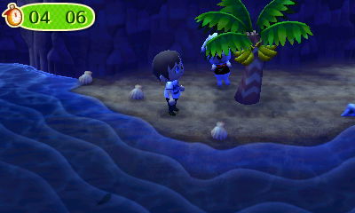 Bones hides behind a banana tree during a game of hide-and-seek in ACNL.