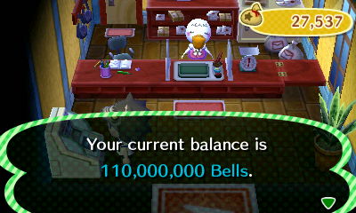 Your current balance is 110,000,000 bells.