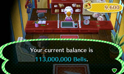 Your current balance is 113,000,000 bells.