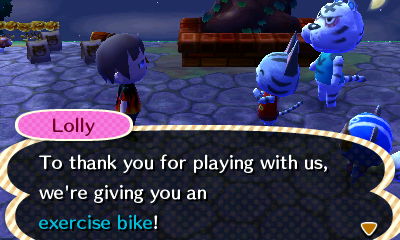 Lolly: to thank you for playing with us, we're giving you an exercise bike!