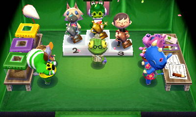 The Bug-Off winners ceremony in Animal Crossing: New Leaf. Boots won 1st place, Vivian got 2nd place, and Jeff got 3rd place.