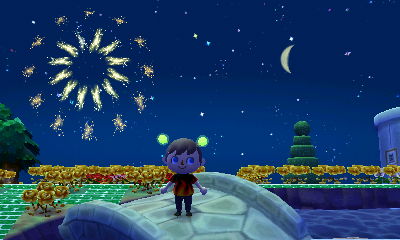 Jeff enjoys the fireworks in Animal Crossing: New Leaf.