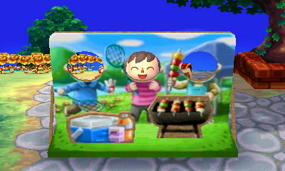 Jeff holds a racket in the Labor Day face-cutout holiday standee in Animal Crossing: New Leaf.