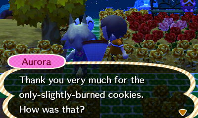 Aurora: Thank you very much for the only-slightly-burned cookies. How was that?