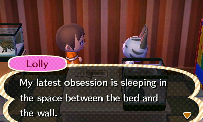 Lolly: My latest obsession is sleeping in the space between the bed and the wall.