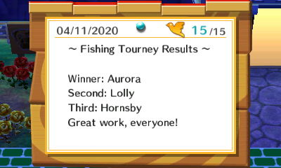 ~Fishing Tourney Results~ Winner: Aurora. Second: Lolly. Third: Hornsby. Great work, everyone!