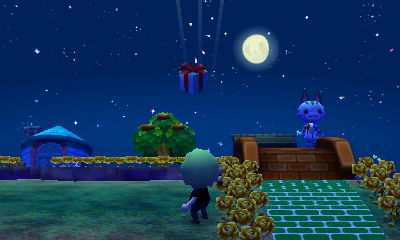 Jeff shoots down a balloon present as Lolly walks across the bridge in Animal Crossing: New Leaf.