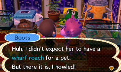 Boots: Huh. I didn't expect her to have a wharf roach for a pet. But there it is, I howled!