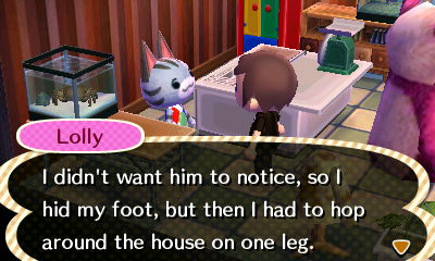 Lolly: I didn't want him to notice, so I hid my foot, but then I had to hop around the house on one leg.