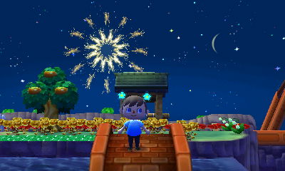 Jeff watches fireworks from the brick bridge in Forest (Animal Crossing: New Leaf).