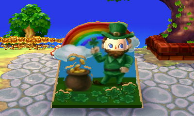 Standing at the Shamrock Day faceboard, with a rainbow and a pot of gold.