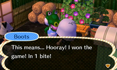 Boots: This means... Hooray! I won the game! In 1 bite!