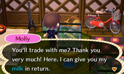 Molly: You'll trade with me? Thank you very much! Here. I can give you my milk in return.