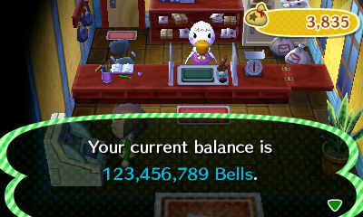 Your current balance is 123,456,789 bells.