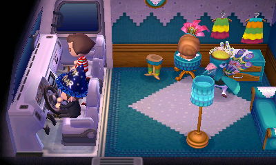 Scaring Pave in his own RV in Animal Crossing: New Leaf.