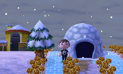 Standing by an igloo in Animal Crossing: New Leaf.