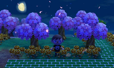 The pink trees of early April in Animal Crossing: New Leaf.