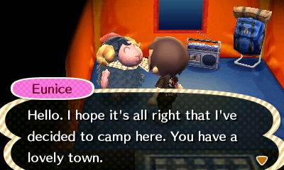 Eunice: Hello. I hope it's all right that I've decided to camp here. You have a lovely town.