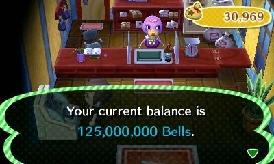 Your current balance is 125,000,000 bells.