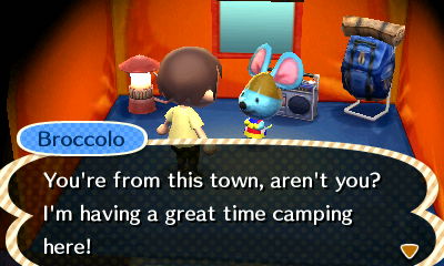 Broccolo, at the campsite: You're from this town, aren't you? I'm having a great time camping here!