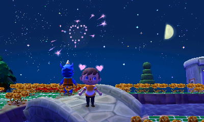 Hornsby watches a heart-shaped firework in the sky.