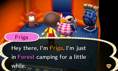 Friga, at the campsite: Hey there, I'm Friga. I'm just in Forest camping for a little while.