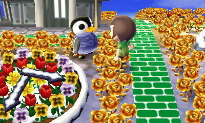 Aurora stands by the flower clock in Animal Crossing: New Leaf (ACNL) for Nintendo 3DS.