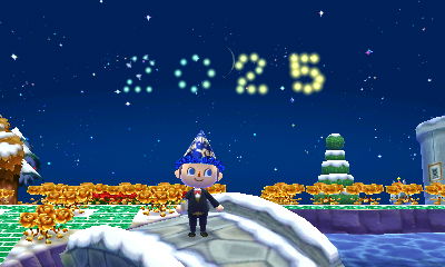 The 2025 fireworks in Animal Crossing: New Leaf.